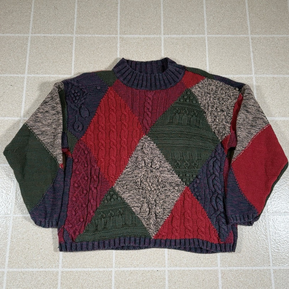 Vtg Casual Corner Hand Knit Patchwork Cable Knit Sweater Sz M Fisherman Chunky